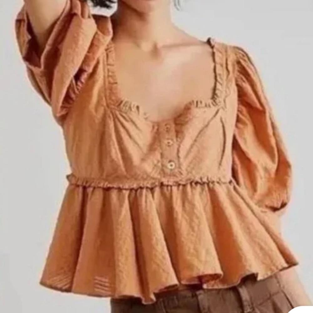 Free People Burnt Orange Peasant Babydoll Top in Golden Nugget